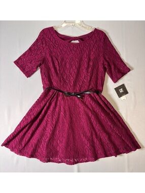 IZ Byer Women's XL Plum/Burgundy Lace Dress with Belt